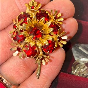 Elegant Gold and Red Floral Brooch